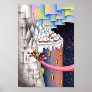 Flying Santa and a snowy country. Poster