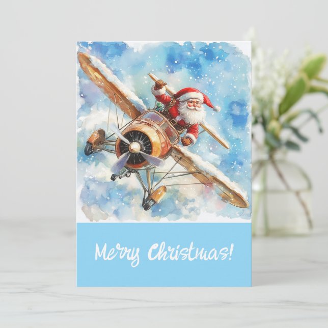 Flying Santa Christmas Card (Santa on Airplane) (Standing Front)