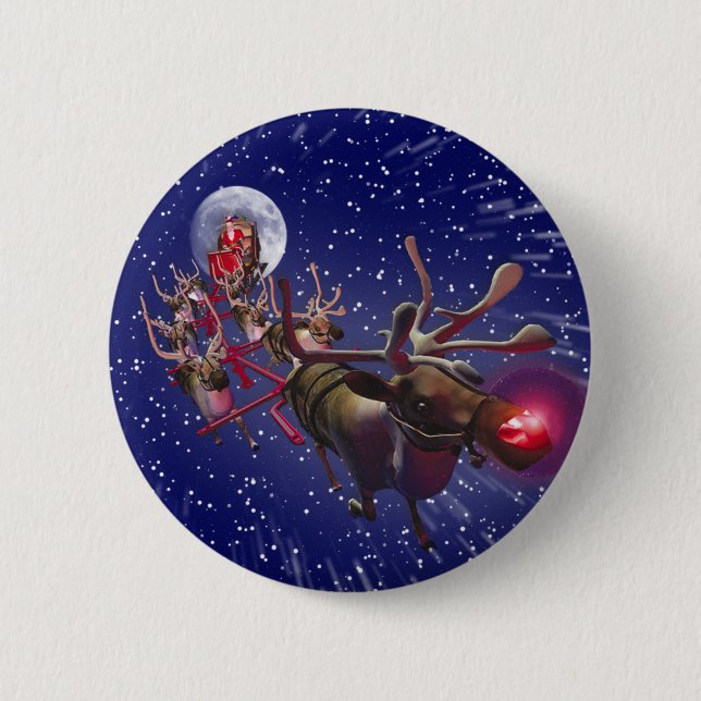 Flying Santa Claus Red Nosed Reindeer 2 Inch Round Button (Front)