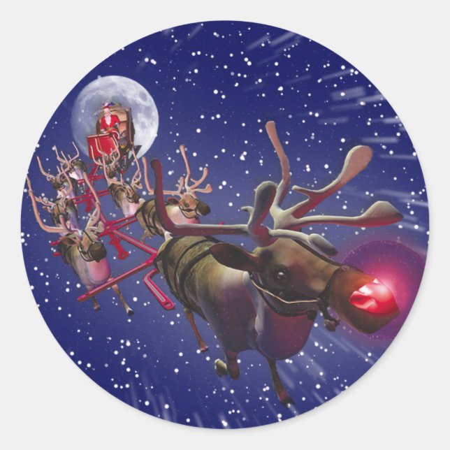 Flying Santa Claus Red Nosed Reindeer Classic Round Sticker (Front)