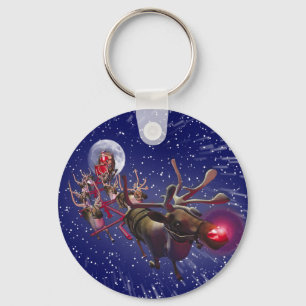 Flying Santa Claus Red Nosed Reindeer Keychain