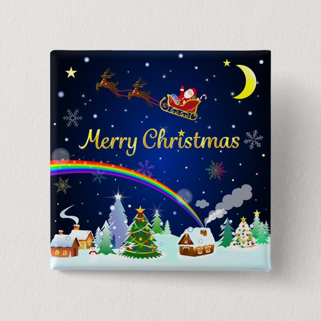 Flying Santa Claus with Crescent Moon 2 Inch Square Button (Front)