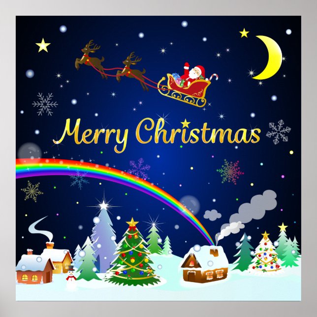Flying Santa Claus with Crescent Moon Poster (Front)