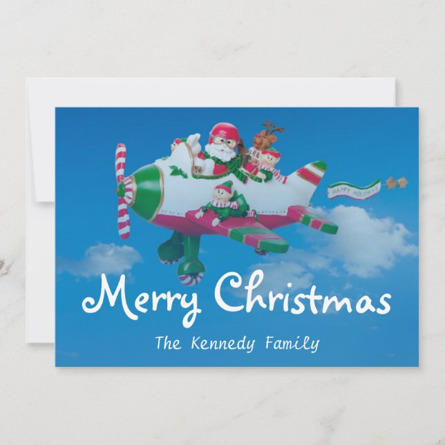Flying Santa Claus with Elves in Airplane Holiday Card (Front)