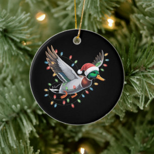 Flying Santa Duck Christmas Lights Hunting Season Ceramic Ornament