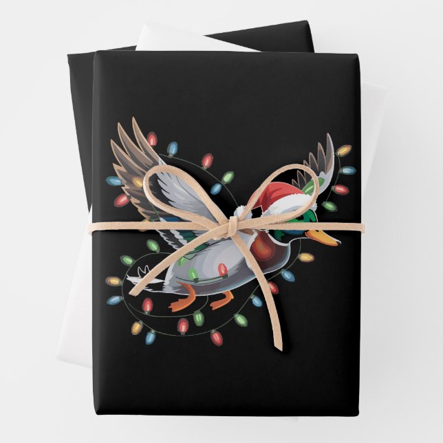 Flying Santa Duck Christmas Lights Hunting Season Wrapping Paper Sheet (In situ)