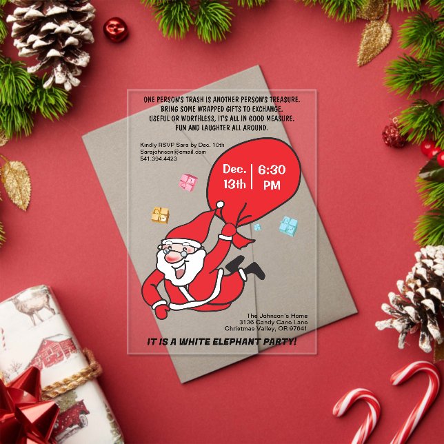 Flying Santa Red Bag White Elephant Party Acrylic Invitations (Insitu (Holiday))