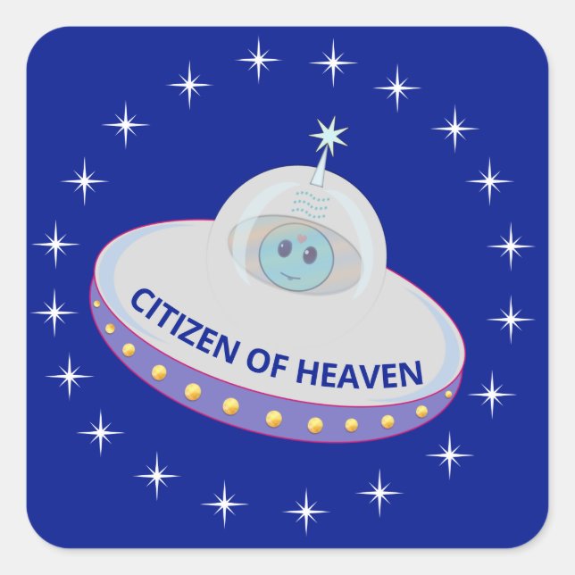 Flying saucer, alien and stars on royal blue square sticker (Front)