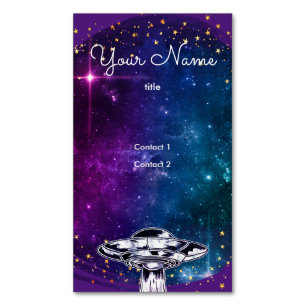 Flying saucer in the purple artistic galaxy bu Magnetic business card