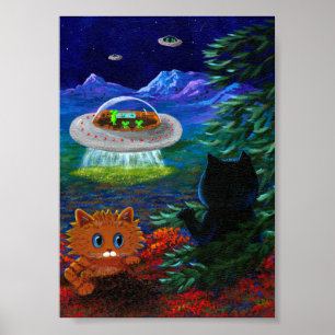 Flying Saucer UFO Black Cat Orange Tabby Poster