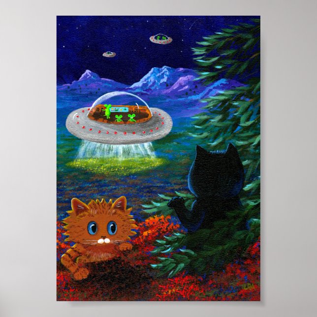 Flying Saucer UFO Black Cat Orange Tabby Poster (Front)
