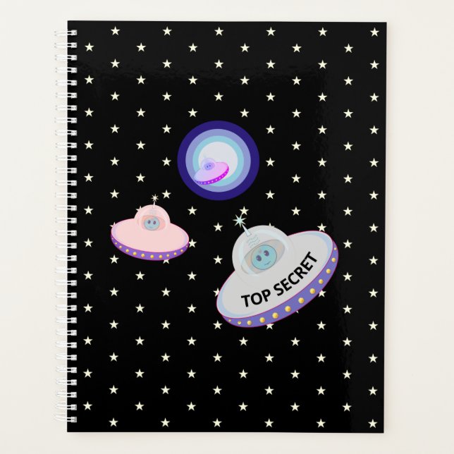 Flying saucers, aliens & star pattern on black planner (Front)