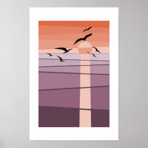 Flying Seabirds at Sunset Purple Orange Art Poster