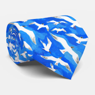 Flying seagulls on sky blue tie