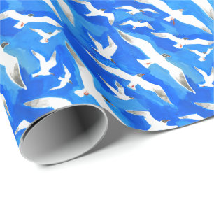 Flying seagulls on sky blue wrapping paper