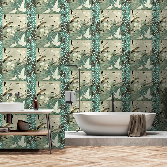 FLYING  SEAGULLS  OVER THE WAVES  WALLPAPER (Bathroom)