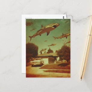 Flying Sharks in the Neighborhood Vintage Postcard