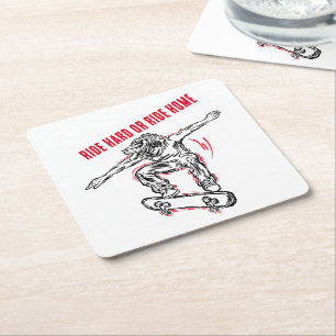 Flying Skater Doing Mid-Air Skateboarding Square Paper Coaster