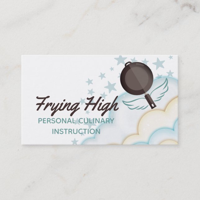 Flying skillet frying pan cooking class chef business card (Front)