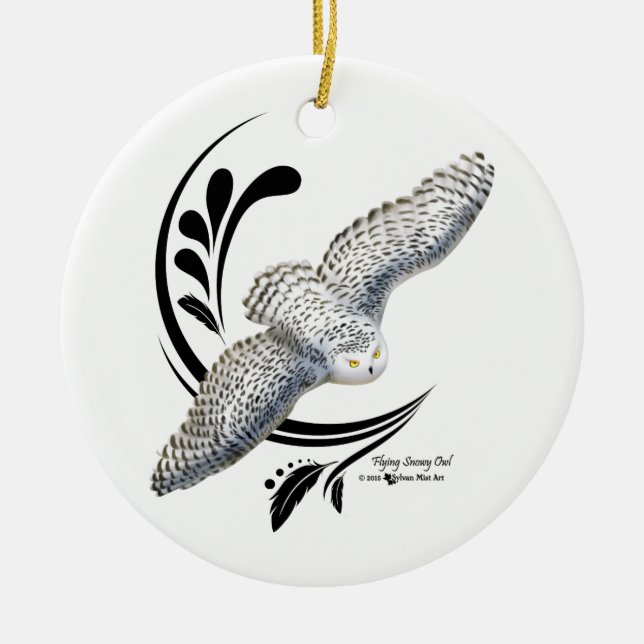 Flying Snowy Owl Ceramic Ornament (Front)
