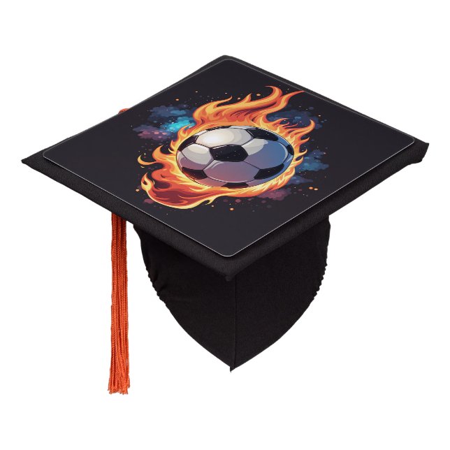 Flying soccer ball with flames graduation cap topper (Angled)