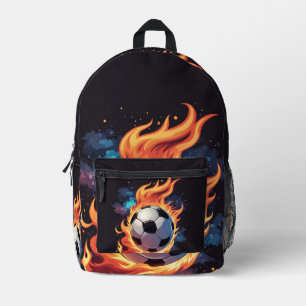 Flying soccer ball with flames. printed backpack