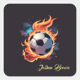Flying soccer ball with flames.  square sticker