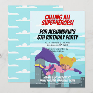 Flying Superhero Comic Birthday Party (Girl) Invitation