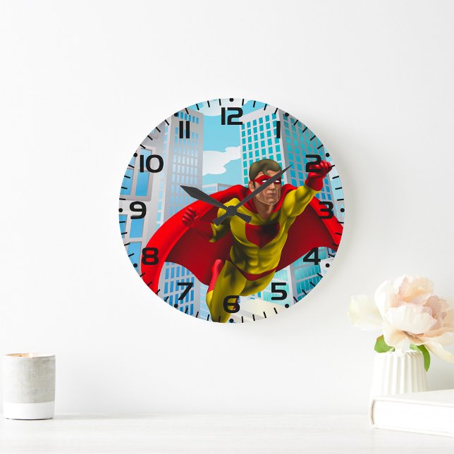 Flying Superhero Comic Style Red and Yellow Hero  Large Clock (Creator Uploaded)
