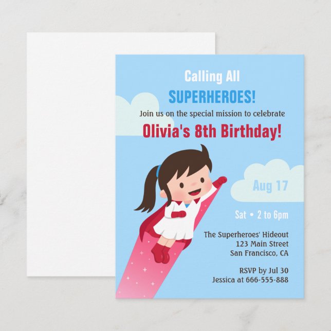 Flying Superhero Girl Kids Birthday Party Invitation (Front/Back)