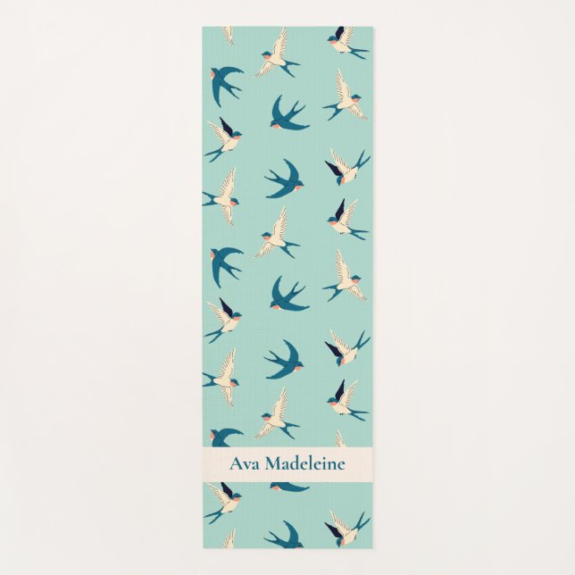 Flying Swallow Aqua Blue Custom Name Yoga Mat (Front)