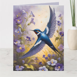Flying Swallow Field of Violet Flowers Card