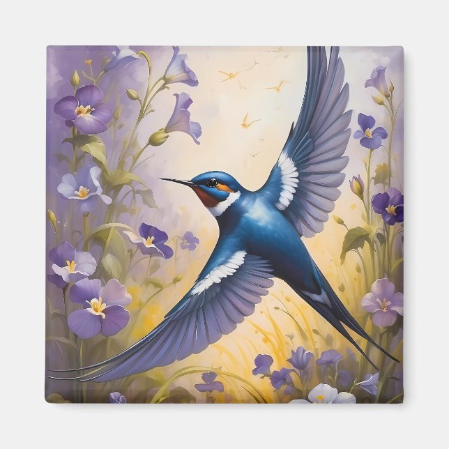 Flying Swallow Field of Violet Flowers Magnet (Front)