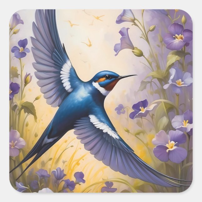 Flying Swallow Field of Violet Flowers Square Sticker (Front)