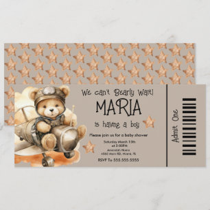 Flying Teddy Bear Baby Shower Ticket Party Invitation