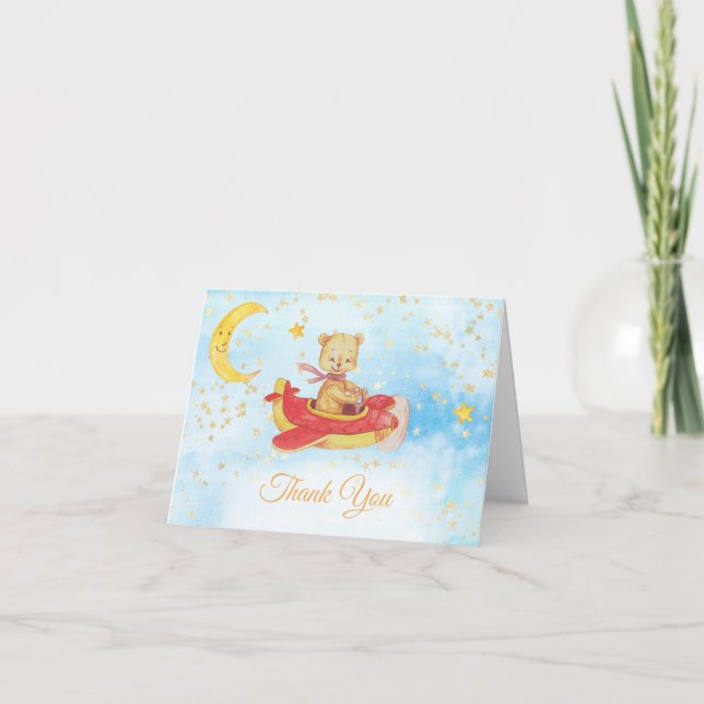 *~* Flying Teddy Bear Red Plane Stars Moon Thank You Card (Front)
