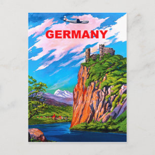 Flying to Germany, Castle on Rhine river, vintage Postcard