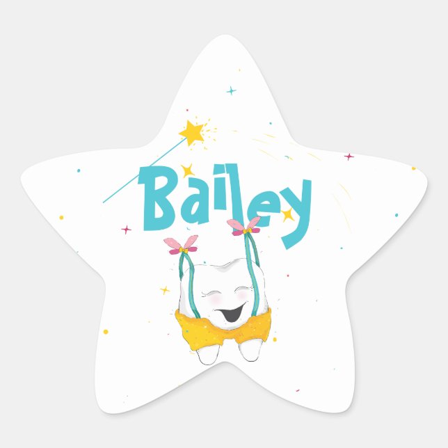 Flying Tooth Sparkly Personalized Blue Playful   Star Sticker (Front)