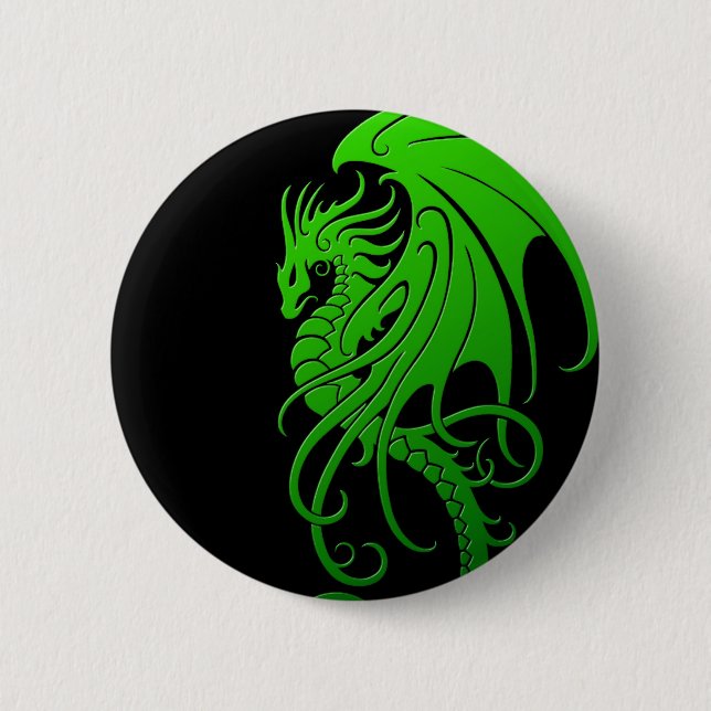 Flying Tribal Dragon - green on black 2 Inch Round Button (Front)