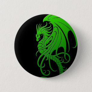 Flying Tribal Dragon - green on black 2 Inch Round Button