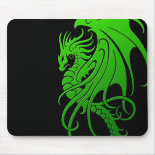 Flying Tribal Dragon - green on black Mouse Pad