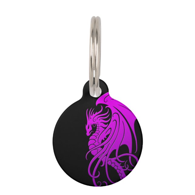 Flying Tribal Dragon - Purple on black Pet Tag (Front)
