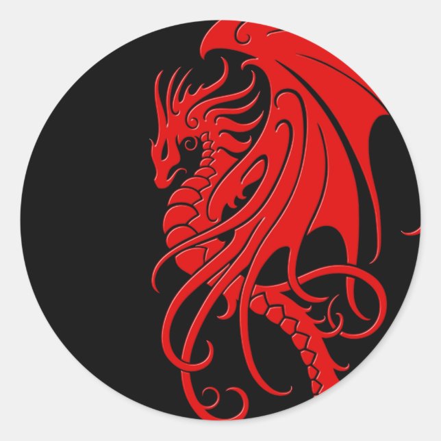 Flying Tribal Dragon - red on black Classic Round Sticker (Front)