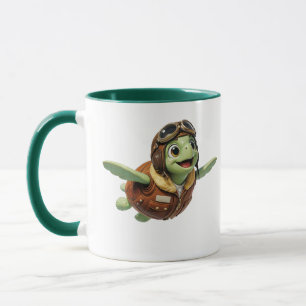 Flying Turtle Cute Aviator Character Green Accent Mug
