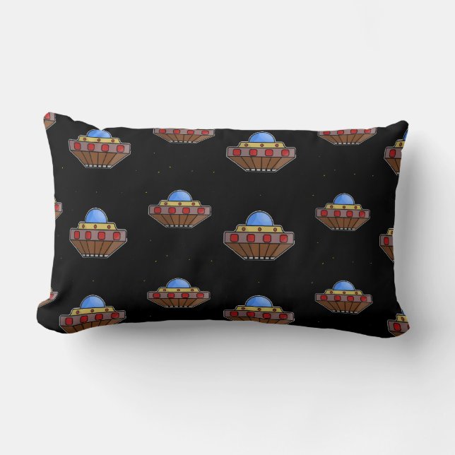 Flying ufo in space black lumbar pillow (Front)