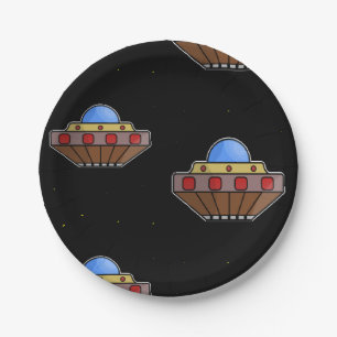 Flying ufo in space black paper plate