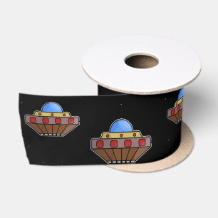 Flying ufo in space black satin ribbon