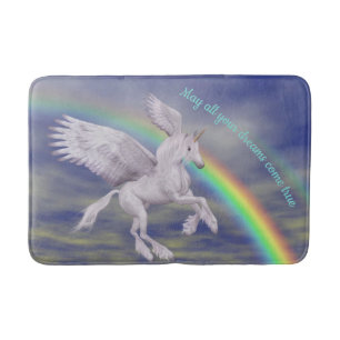 Flying Unicorn Over Rainbow Dreams Fantasy Horse  Bath Mat