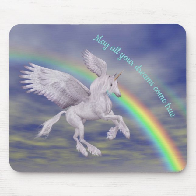 Flying Unicorn Over Rainbow Dreams Fantasy Horse  Mouse Pad (Front)