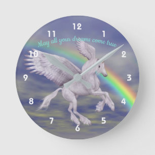 Flying Unicorn Over Rainbow Dreams Fantasy Horse  Round Clock